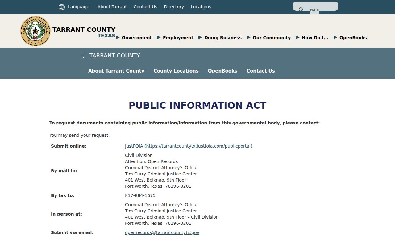 Fort Worth residents directory Tarrant County public information request page