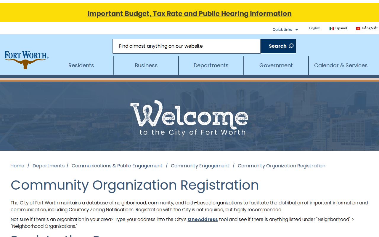 Fort Worth neighbors Community Support neighborhood registration categories