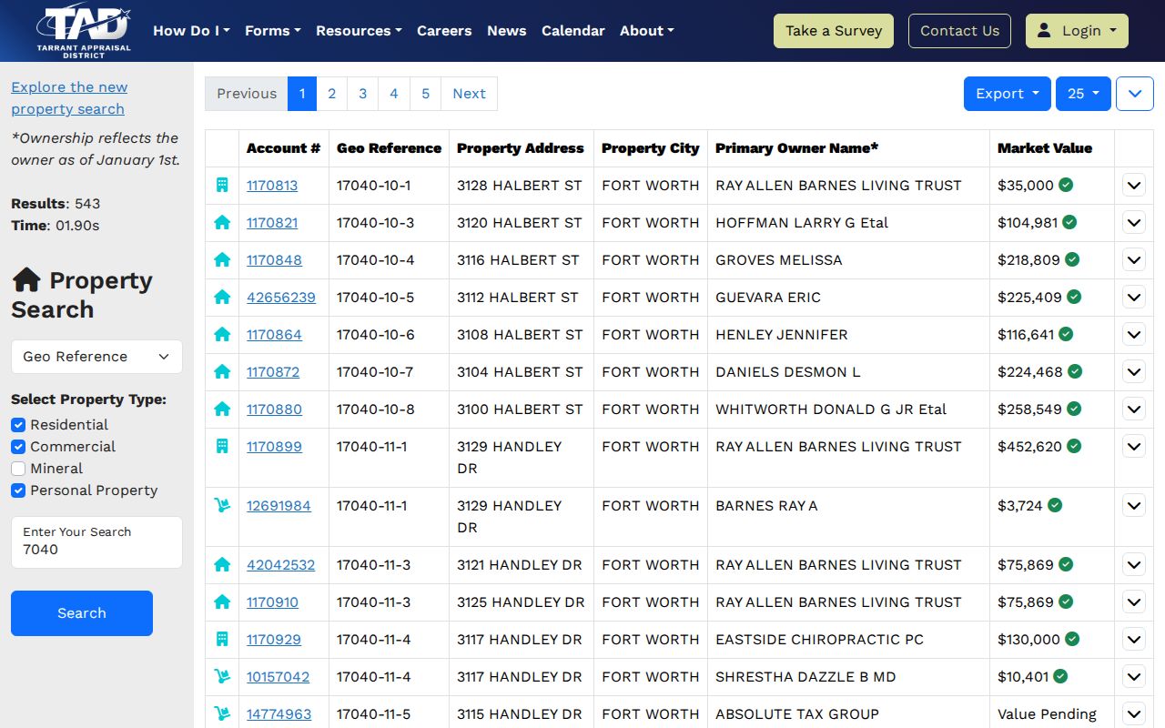 Fort Worth street directory TAD property search result